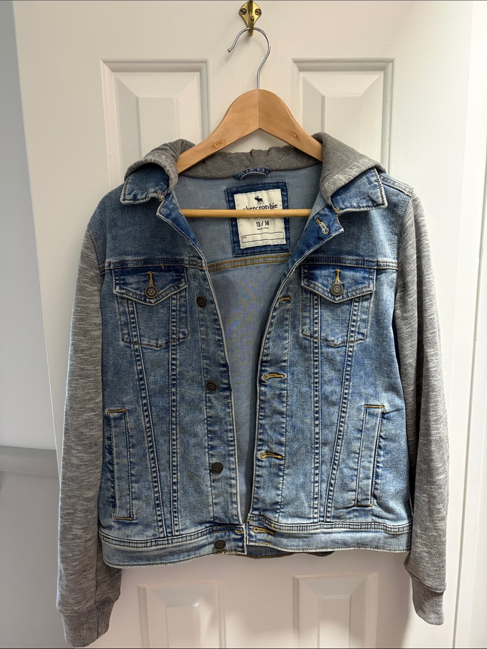 Denim Jacket with Gray Hoodie Sleeves